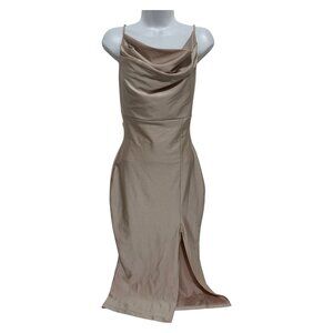 Glare Womens Size M Cowl Neck Beige Midi Slip Dress Bodycon Backless Formal